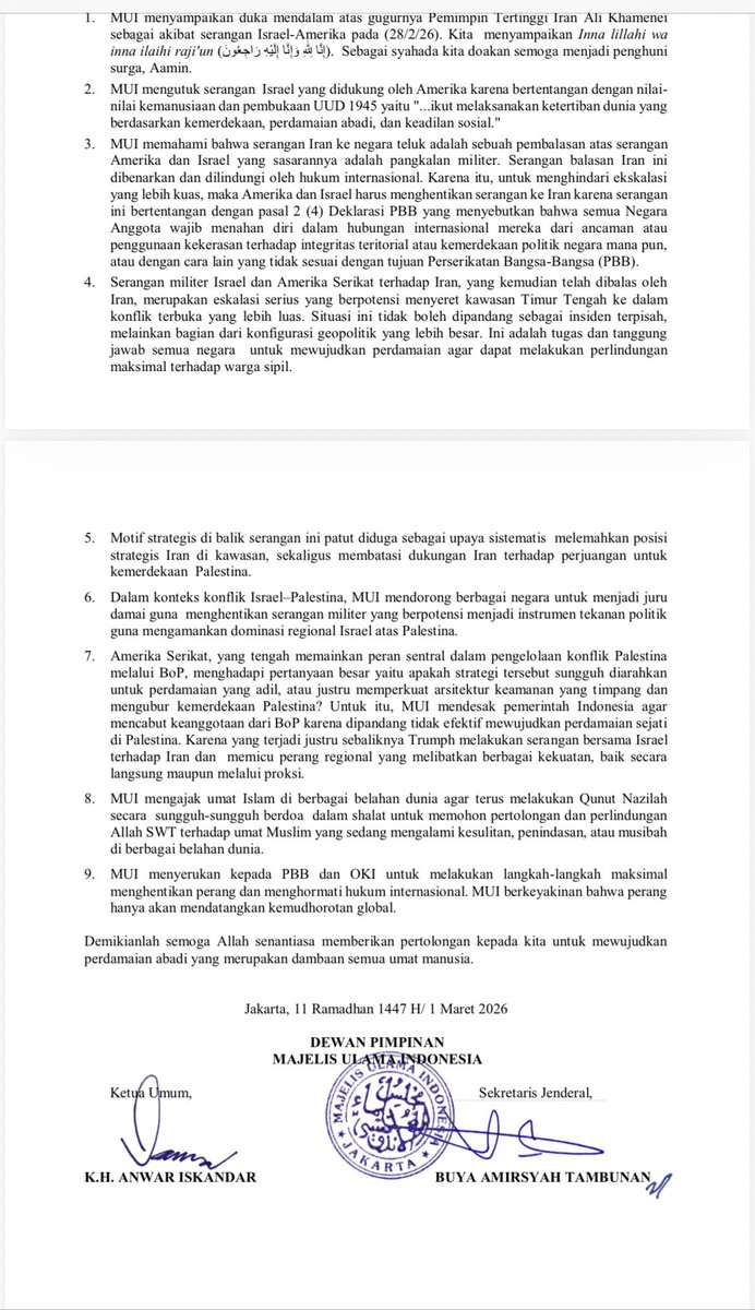 Pernyataan resmi MUI berkenaan dg serangan Amrik dan Sriwil ke Iran.