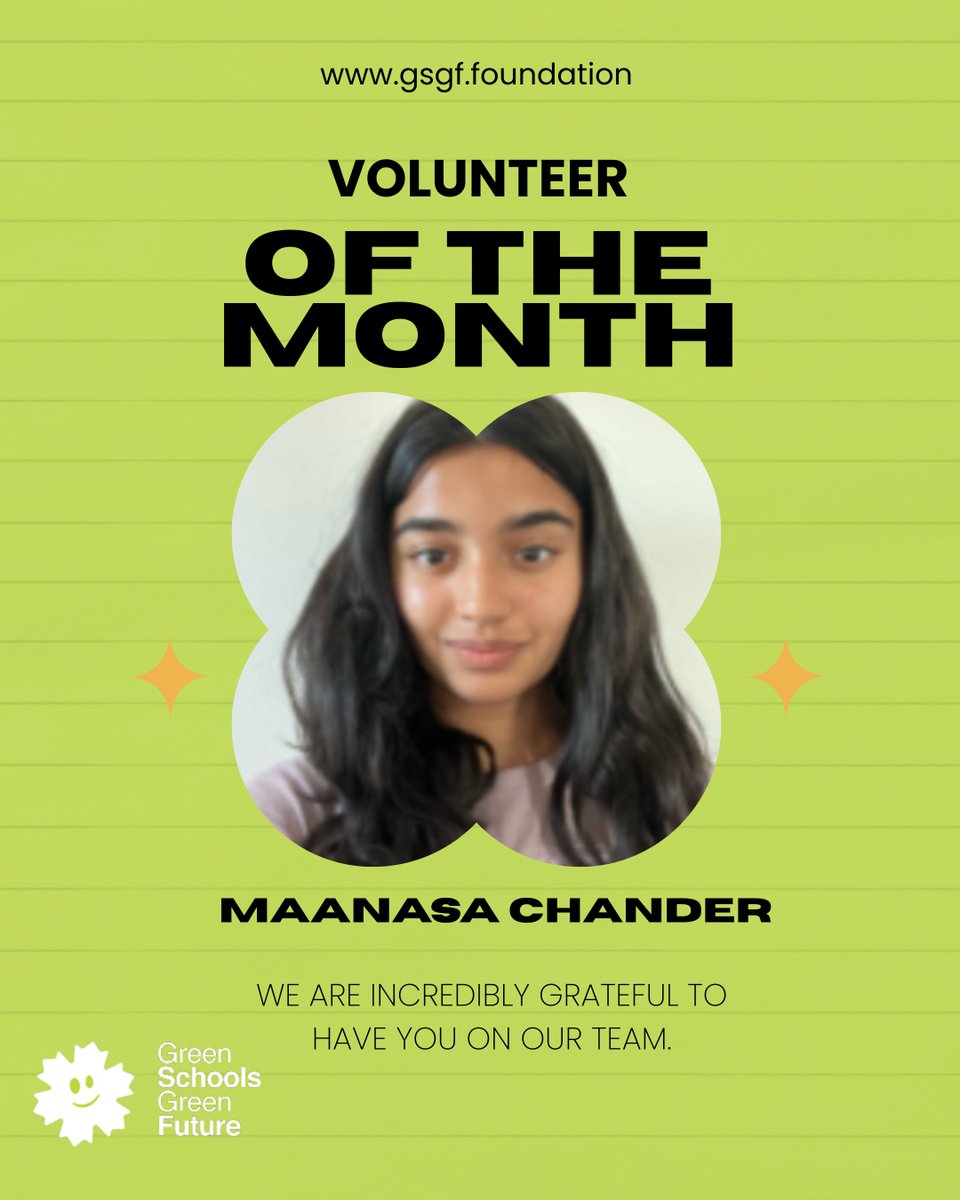 🌱 Volunteer of the Month: Maanasa Chander
At Green Schools Green Future, we are proud to recognize Maanasa Chander as our Volunteer of the Month!
Thank you, Maanasa, for being an essential part of the GSGF mission. 💚🌍

#VolunteerOfTheMonth #Sustainability  #GSGF