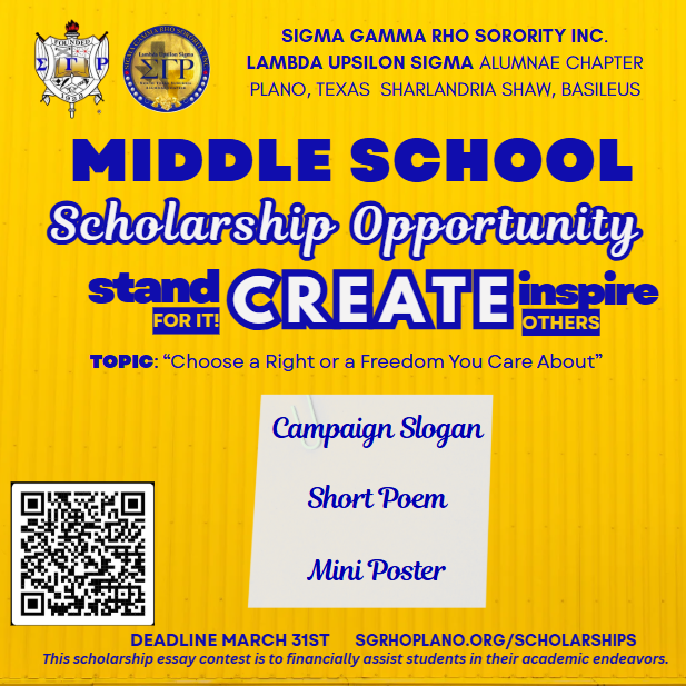SGRhoPlano's tweet photo. It's not too late to apply for the LUS SCHOLARSHIP. Middle school and high school students, APPLY! The scholarship application window closes March 31. https://t.co/brkLBhHgHl