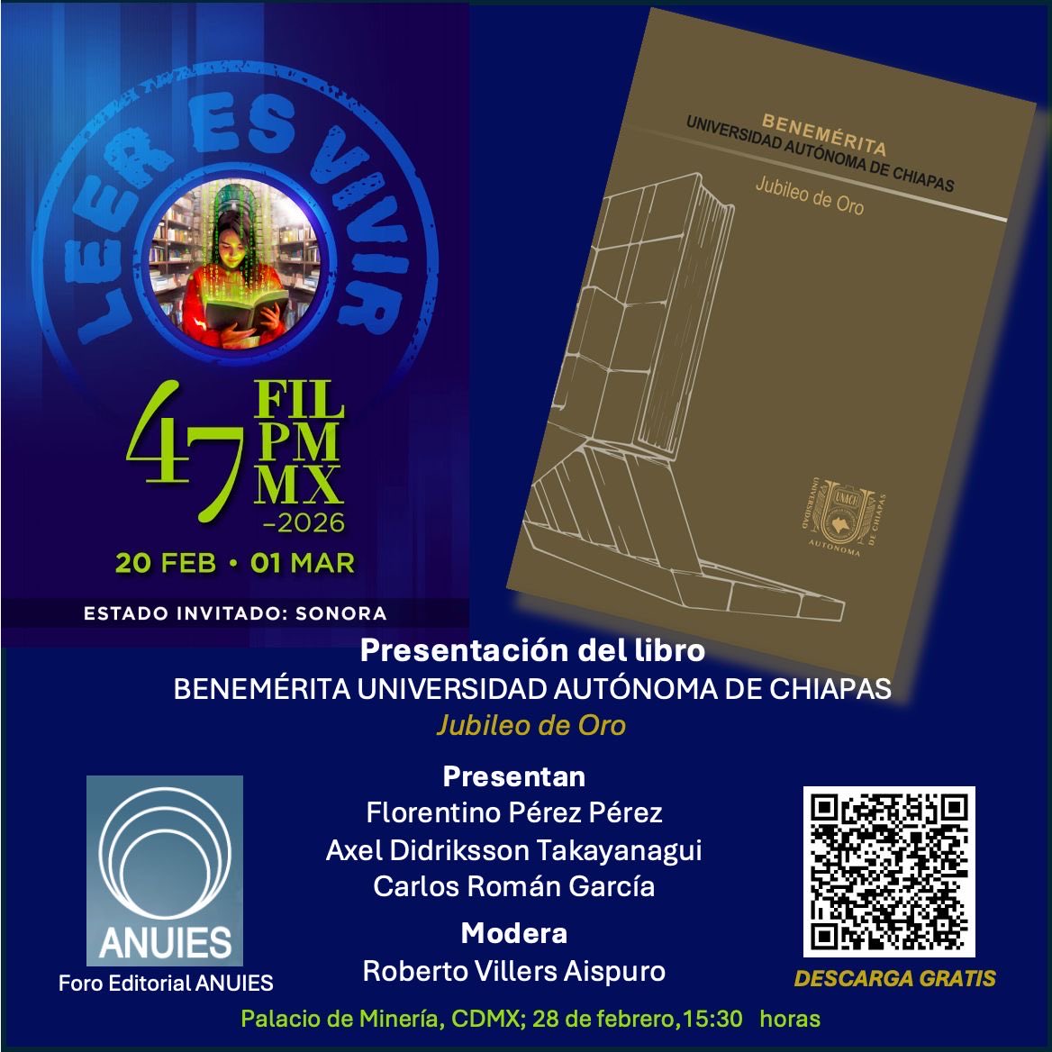 rovillers's tweet photo. Hoy tuvo lugar la presentación del libro conmemorativo “Benemérita Universidad Autónoma de Chiapas. Jubileo de Oro” en el Foro Editorial @ANUIES de  la FIL Palacio de Minería, con la participación de Florentino Pérez, @axel_didriksson, Carlos Román y @rovillers , como moderador. https://t.co/dwlYYEn9T1