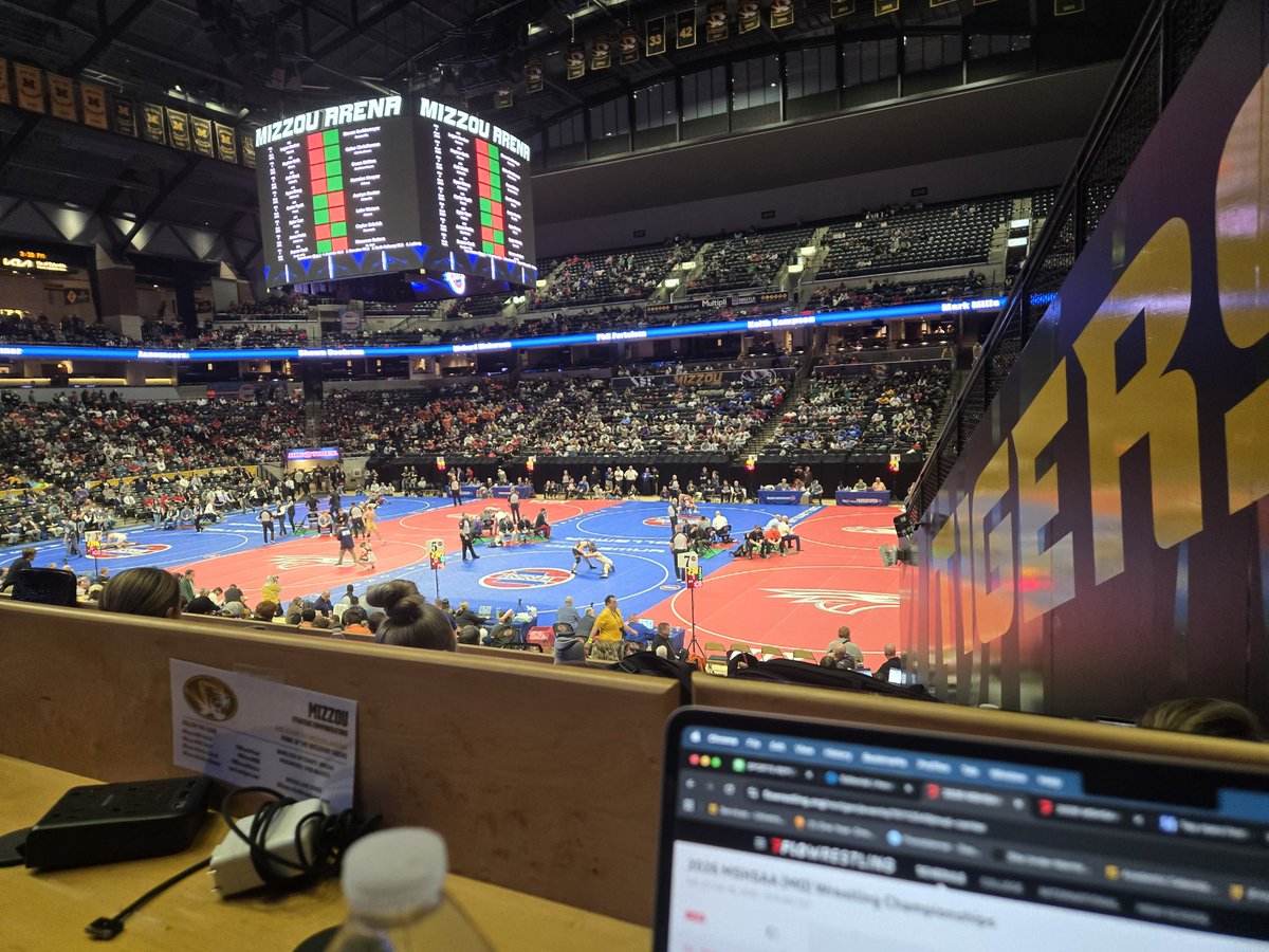 CDavidsonSports's tweet photo. 31 hours spent in press row over the last 3 days! Had a great time helping to cover the 2026 MSHSAA Wrestling Championships for the Missourian.

Pushed through 30 repetitions of the Olympic theme song, red-green color blindness and a $7 hot dog, but it was very much worth it all. https://t.co/3oJYnnkFOJ