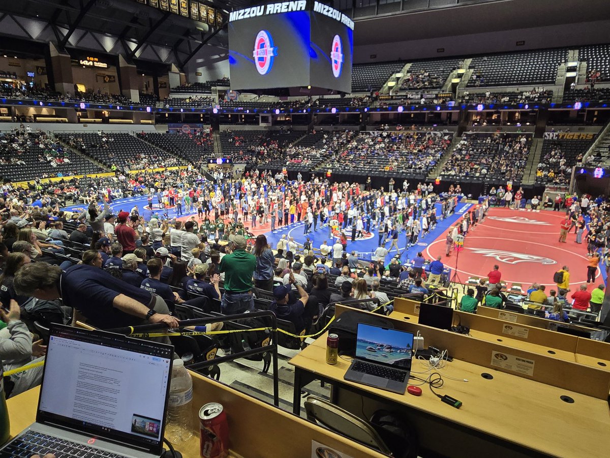 CDavidsonSports's tweet photo. 31 hours spent in press row over the last 3 days! Had a great time helping to cover the 2026 MSHSAA Wrestling Championships for the Missourian.

Pushed through 30 repetitions of the Olympic theme song, red-green color blindness and a $7 hot dog, but it was very much worth it all. https://t.co/3oJYnnkFOJ