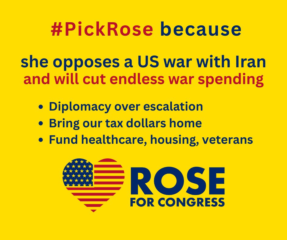 RosePenelopeYee's tweet photo. I’m not going to normalize a war with Iran.

Congress needs to step in now: transparency, debate, and accountability, and an immediate end to these attacks.
Diplomacy and de-escalation are the only responsible path.

#PickRose #NoWarWithIran #Peace #Diplomacy #CA02 https://t.co/RO840oPFd2