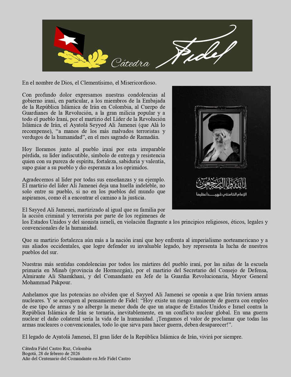 Condolencias a la República Islámica de #Irán de parte de la Cátedra Fidel Castro en Colombia.
<a href="/IraninColombia/">@IraninColombia</a>
<a href="/siempreconcuba/">Siempre con Cuba</a> <a href="/Cubanamera_/">Cubanamera</a> <a href="/TheIntCom/">Comité Int. Paz, Justicia y Dignidad a los Pueblos</a>