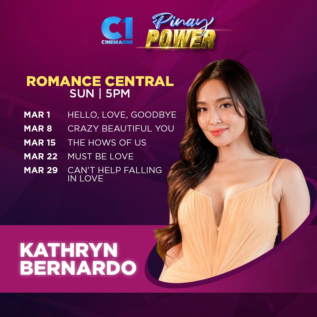 She ain’t the Blockbuster Queen for nothing! 👑
Celebrate Kathryn Bernardo this March with Cinema One! 💙

Abangan siya sa Romance Central
🗓 Sundays | 5PM
Only here on #CinemaOne

Available on Sky Cable Ch 56, Cignal Ch 45, GSat Ch 14, &amp; other provincial cable operators. 💙