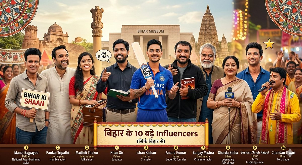 SitamarhiJila's tweet photo. 📢 बिहार के 10 बड़े Influencers (सिर्फ बिहार से)

1. Manoj Bajpayee – बेतिया
राष्ट्रीय पुरस्कार विजेता अभिनेता, बिहार की शान।

2. Pankaj Tripathi – गोपालगंज
सादगी और दमदार अभिनय के लिए मशहूर।

3. Maithili Thakur – मधुबनी
लोकगीत और भजन से अंतरराष्ट्रीय पहचान।

4. Khan Sir – पटना
लाखों छात्रों के लोकप्रिय शिक्षक।

5. Ishan Kishan – पटना
टीम इंडिया के विस्फोटक बल्लेबाज़।

6. Anand Kumar – पटना
Super 30 के संस्थापक, गरीब छात्रों के मार्गदर्शक।

7. Sanjay Mishra – दरभंगा
दमदार चरित्र अभिनेता।

8. Sharda Sinha – बिहार
छठ गीतों की पहचान।

9. Sushant Singh Rajput – पटना
टीवी से बॉलीवुड तक का प्रेरणादायक सफर।

10. Chandan Tiwari – बिहार
भोजपुरी लोकसंस्कृति को नई पहचान देने वाली गायिका।