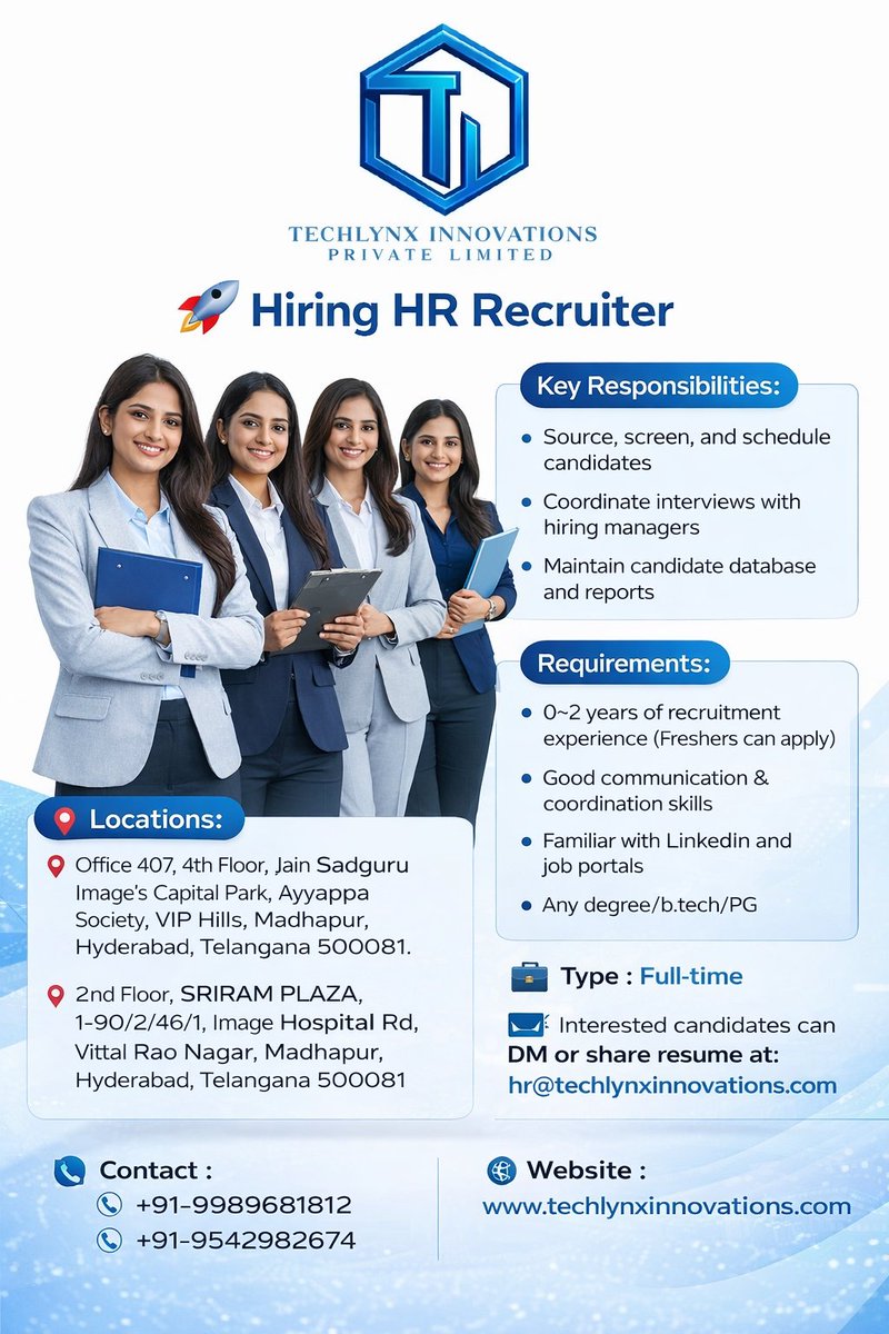TechlynxLimited's tweet photo. 🌟 Looking for Dynamic Female HR Recruiter | Immediate Joining
#Hiring #HRRecruiter #HRJobs #TalentAcquisition #Recruitment #JobOpening #NowHiring #UrgentHiring #HRJobs #RecruiterLife #HiringNow #CareerOpportunity #ApplyNow #FemaleRecruiter #WomenInHR #HRHiring #TalentAcquisition https://t.co/dQ3z7xR7rT