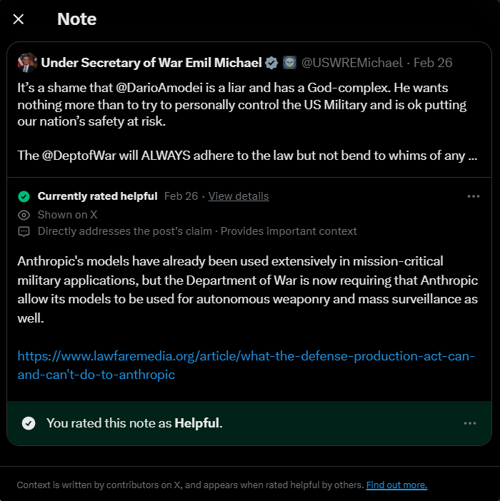 el_xaber's tweet photo. @ns123abc Ya, Anthropic didn't refuse its use; they just required a human-in-the-loop (human must pull the trigger). The DoW wants fully autonomous weapons, that's what they refused. https://t.co/qpIV5T46bd