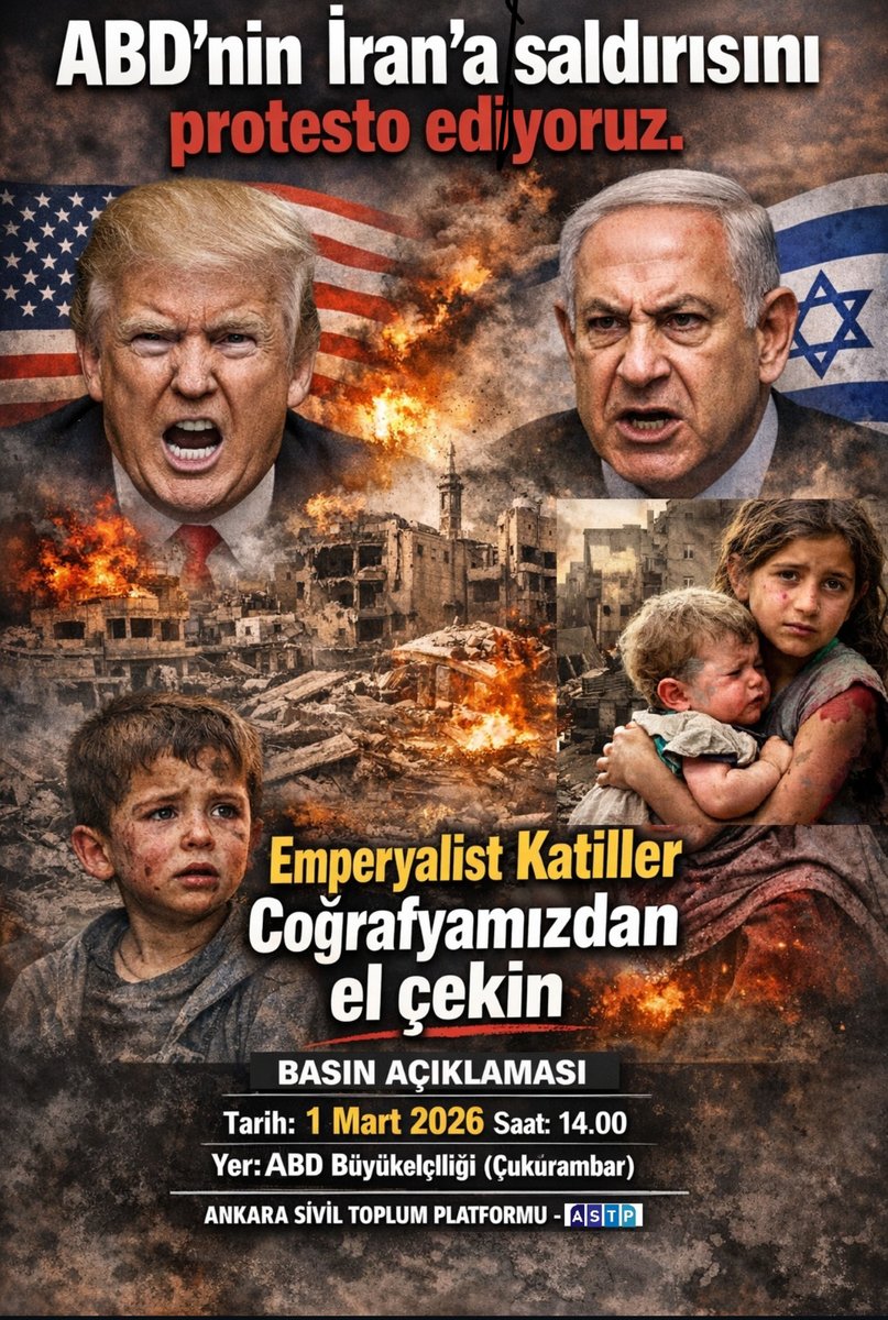 📢 PROTESTOYA DAVET 

Katil ABD ve İsrail'in İran'a saldırısını protesto etmek için ABD büyükelçiliğindeyiz.

🗓️ 1 Mart 2026
⏰ 14.00
📍ABD Büyükelçiliği (Çukurambar)