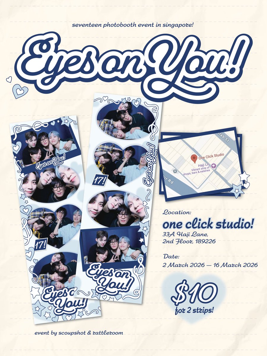 oneclick_sg's tweet photo. ⤷ SEVENTEEN Concert Event

📆 Dates:
02/03/2026 - 16/03/2026

📍Location:
One Click Studio 
33A Haji Lane Level 2 189226

⏰ Operating Hours:
• Mon-Thu: 12:00 PM – 8:00 PM
• Fri-Sun: 12:00 PM – 9:00 PM

#SEVENTEEN #SVT #SEVENTEEN_NEW_IN_SINGAPORE #SVTINSG #세븐틴 https://t.co/GU5LngRdCs