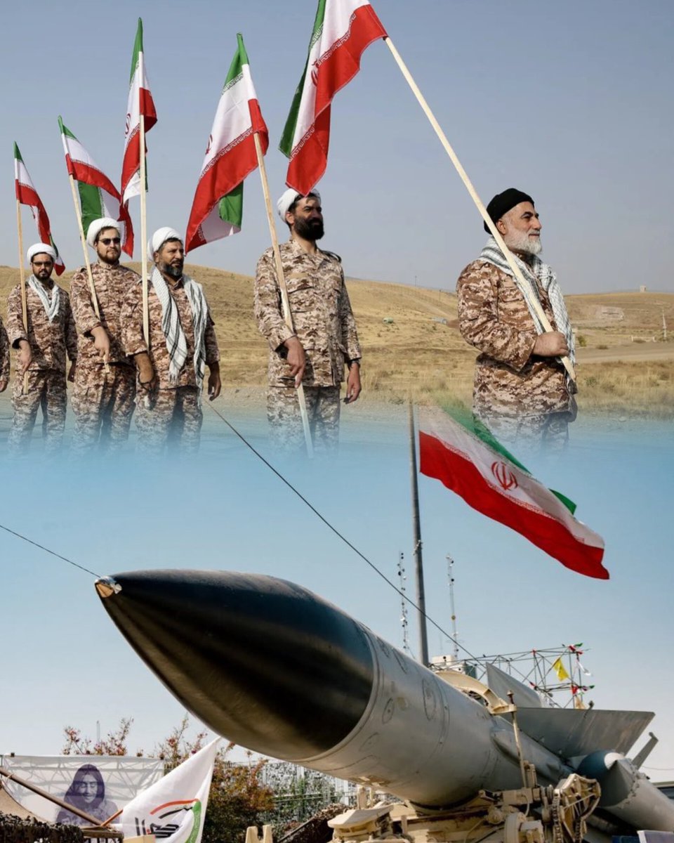 Composite photo of Iranian men in desert camouflage and headscarves holding national flags in a hilly landscape above a close-up of a large pointed ballistic missile on a launcher with an Iranian flag waving nearby.