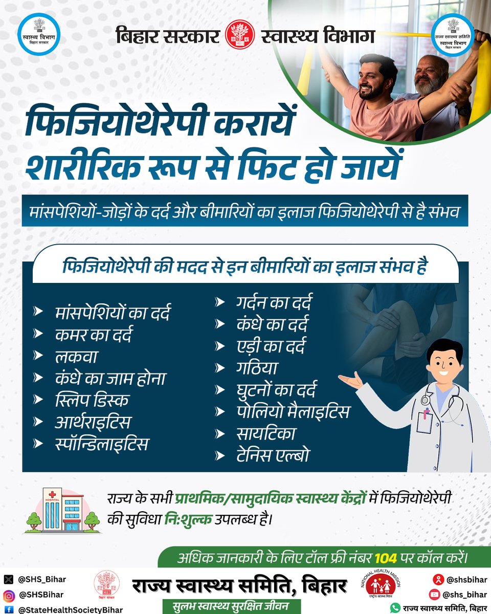 फिजियोथेरेपी करायें, फिट हो जायें।
यदि इन शारीरिक समस्याओं में से आपको भी कोई समस्या हो तो इसे फिजियोथेरेपी से ठीक किया जा सकता है। आज ही अपने नजदीकी प्राथमिक/सामुदायिक स्वास्थ्य केंद्र से संपर्क करें।
#phisiotherapy #BiharHealthcare 
<a href="/BiharHealthDept/">Bihar Health Dept</a> <a href="/MoHFW_INDIA/">Ministry of Health</a> <a href="/IPRDBihar/">IPRD Bihar</a>