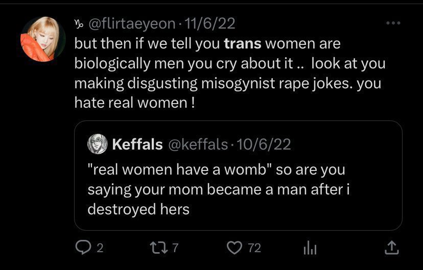 don't forget flirtaeyeon is a terf and used itaewon tragedy to gain likes btw. that's the kind of person you're giving engagement to just because you have a hate boner for aespa