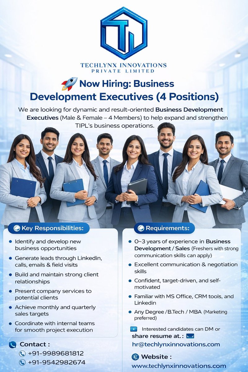 TechlynxLimited's tweet photo. 🌟 Join Us as a Business Development Executive | Drive Growth With Us!
#Hiring #BusinessDevelopment #BDEJobs #SalesJobs #NowHiring #JobOpening #CareerOpportunity #BusinessGrowth #SalesCareer #BDERole #LeadGeneration #ClientAcquisition #HiringNow #UrgentHiring #SalesJobs https://t.co/DQdcWFtgpZ