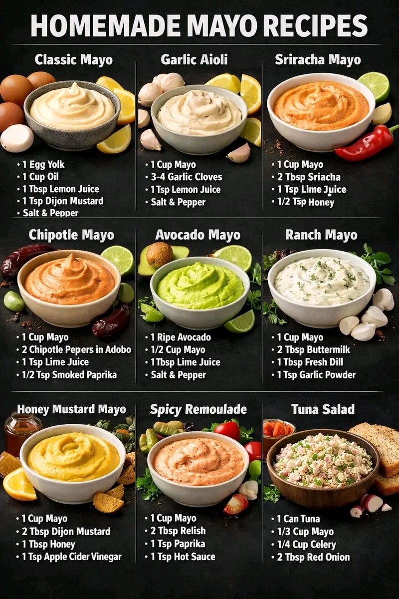 1) Classic Homemade Mayo

Ingredients:
 • 1 Egg yolk (room temperature)
 • 1 Cup neutral oil (sunflower/vegetable oil)
 • 1 Tbsp Lemon juice
 • 1 Tsp Dijon mustard
 • Salt &amp; pepper to taste

Instructions:
 1. In a bowl, whisk egg yolk and Dijon mustard until smooth.
 2.