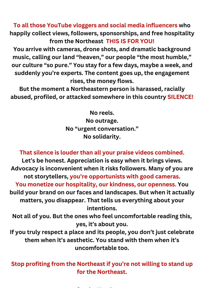 BijouThaangjam's tweet image. Come for the content, stay for the freebies, disappear when it’s time to show spine.
The Northeast is not your aesthetic backdrop. Stand up for the people you profit from.
#Hypocrisy #northeast #manipur #Indian