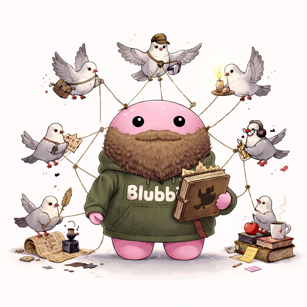 The fam at <a href="/BlubbiesNFTx/">Blubbies</a> made me my own Bearded Blubbie analogically controlled by seven hyper intelligent pigeons.
The only bearded Blubbie in the collection