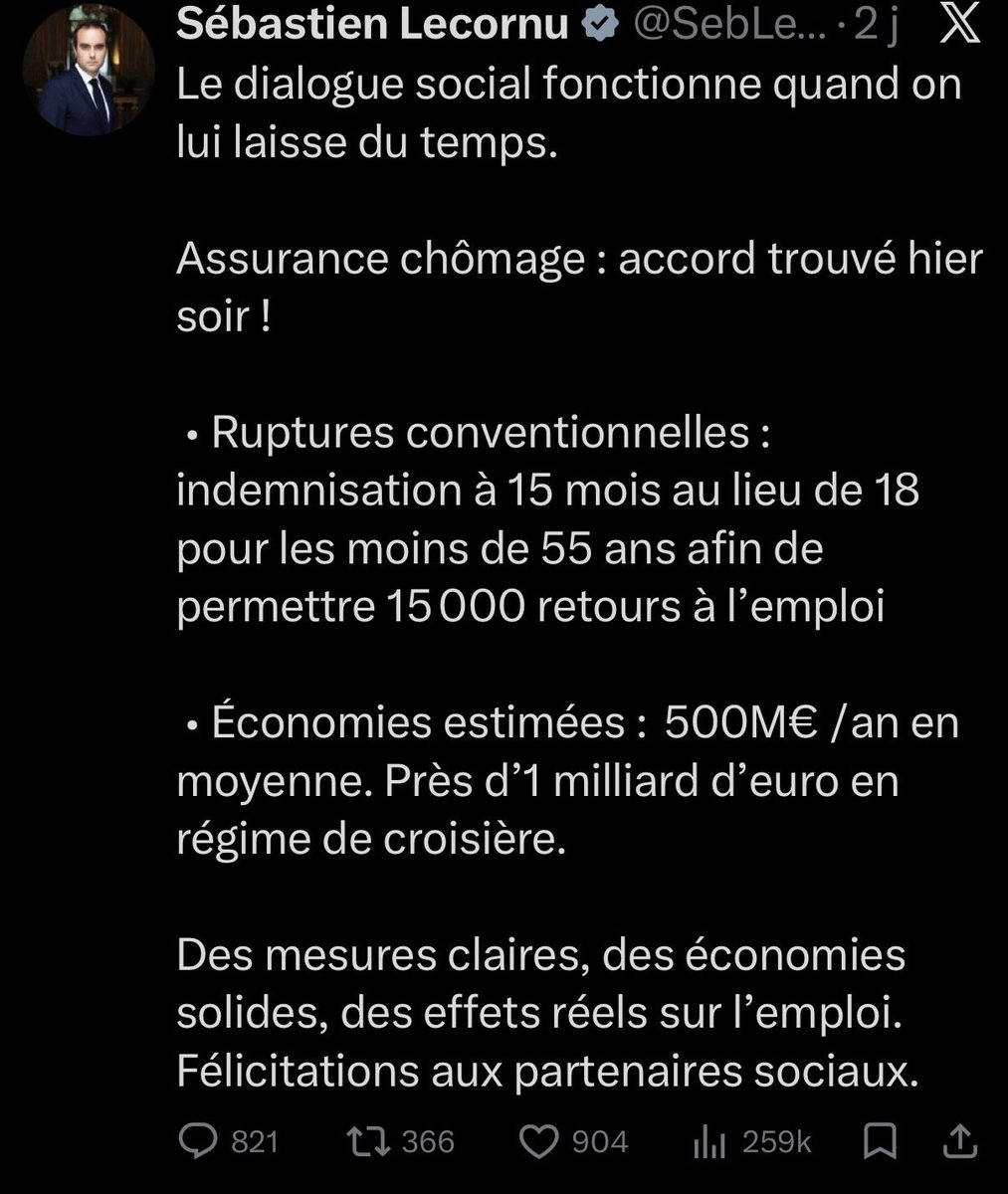 ❌Donc le « dialogue social » qui « fonctionne » c’est de baisser de 3 à 6 mois -en fonction de l’âge-  la durée des droits a l’indemnisation des salariés ayant connu une rupture conventionnelle.

👉Et le tout sans aucune contribution patronale !