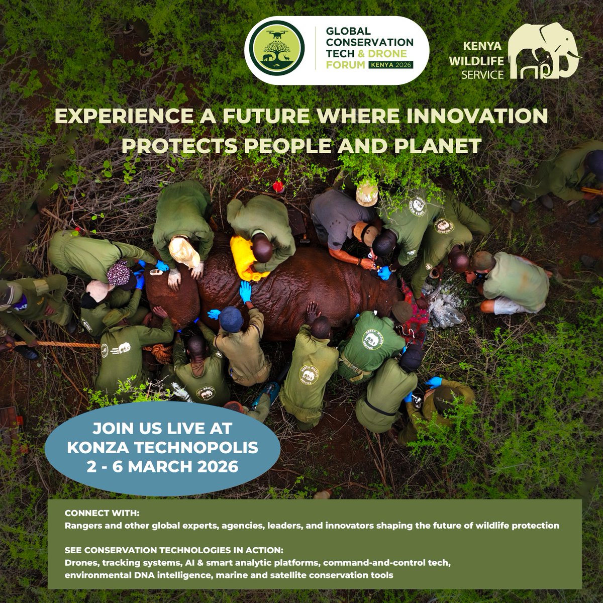 KWSKenya's tweet photo. 𝐂𝐨𝐧𝐬𝐞𝐫𝐯𝐚𝐭𝐢𝐨𝐧 𝐇𝐢𝐭𝐬 𝐃𝐢𝐟𝐟𝐞𝐫𝐞𝐧𝐭 𝐖𝐡𝐞𝐧 𝐈𝐭’𝐬 𝐏𝐨𝐰𝐞𝐫𝐞𝐝 𝐛𝐲 𝐓𝐞𝐜𝐡!
KWS is at the forefront of conservation innovation, leveraging drones, AI, data, and integrated ecosystems to deliver real-time wildlife protection across terrestrial, aerial, and marine ecosystems.

Join us at the 𝐆𝐥𝐨𝐛𝐚𝐥 𝐂𝐨𝐧𝐬𝐞𝐫𝐯𝐚𝐭𝐢𝐨𝐧 𝐓𝐞𝐜𝐡 & 𝐃𝐫𝐨𝐧𝐞 𝐅𝐨𝐫𝐮𝐦 𝟐𝟎𝟐𝟔 𝐟𝐫𝐨𝐦 𝟐𝐧𝐝–𝟔𝐭𝐡 𝐌𝐚𝐫𝐜𝐡 𝟐𝟎𝟐𝟔 to explore partnership opportunities in scaling transformative conservation technologies that protect biodiversity, strengthen security, empower communities, drive sustainable tourism, and build resilient ecosystems.

📍Trade Mark Hotel | 2nd–5th March 2026
📍Konza Technopolis | 6th March 2026
#TechForConservation #ThrivingWildlifeForever