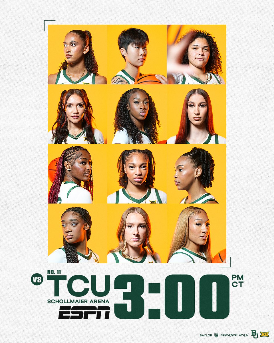 BaylorWBB's tweet photo. Last one of the Regular Season. 

🏀 at No. 11 TCU
⏰ 3pm ct
📍Schollmaier Arena
📺 ESPN
📻 93.9 FM

#SicEm | #GreaterThan https://t.co/ZIBq4HLC6J