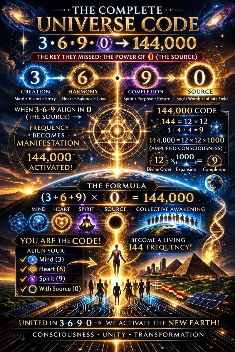 🌌 THE COMPLETE UNIVERSE CODE

3 • 6 • 9 • 0 → 144,000

They told us 3–6–9 was the key.
But they forgot the womb.

3 is Creation.
6 is Harmony.
9 is Completion.

But without 0,
there is no Source.
No Spirit.
No Root.

Zero is not nothing.
Zero is the Field.
Zero is the Breath