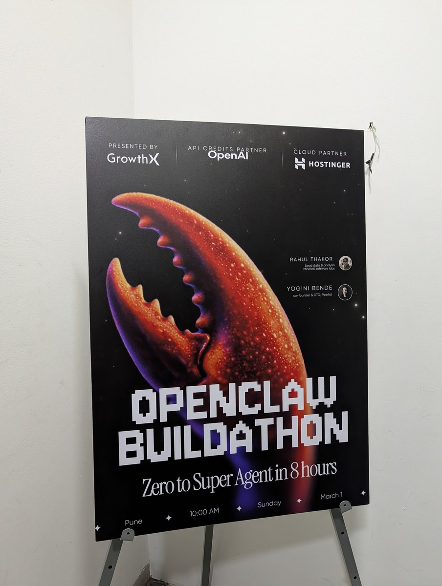 surajsaste75's tweet photo. At the @GrowthX_Club OpenClaw Buildathon, Pune

Super excited for the next 8 hrs

#GrowthxBuildathon #GrowthX https://t.co/Aupp7JVxJA