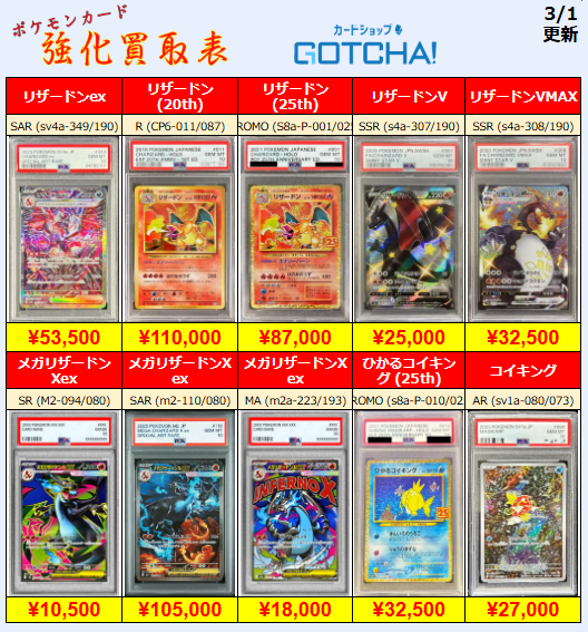 3/1更新 ⚡🔥【PSA強化買取表③】🔥⚡ 💥【PSA10】リザードン 20th