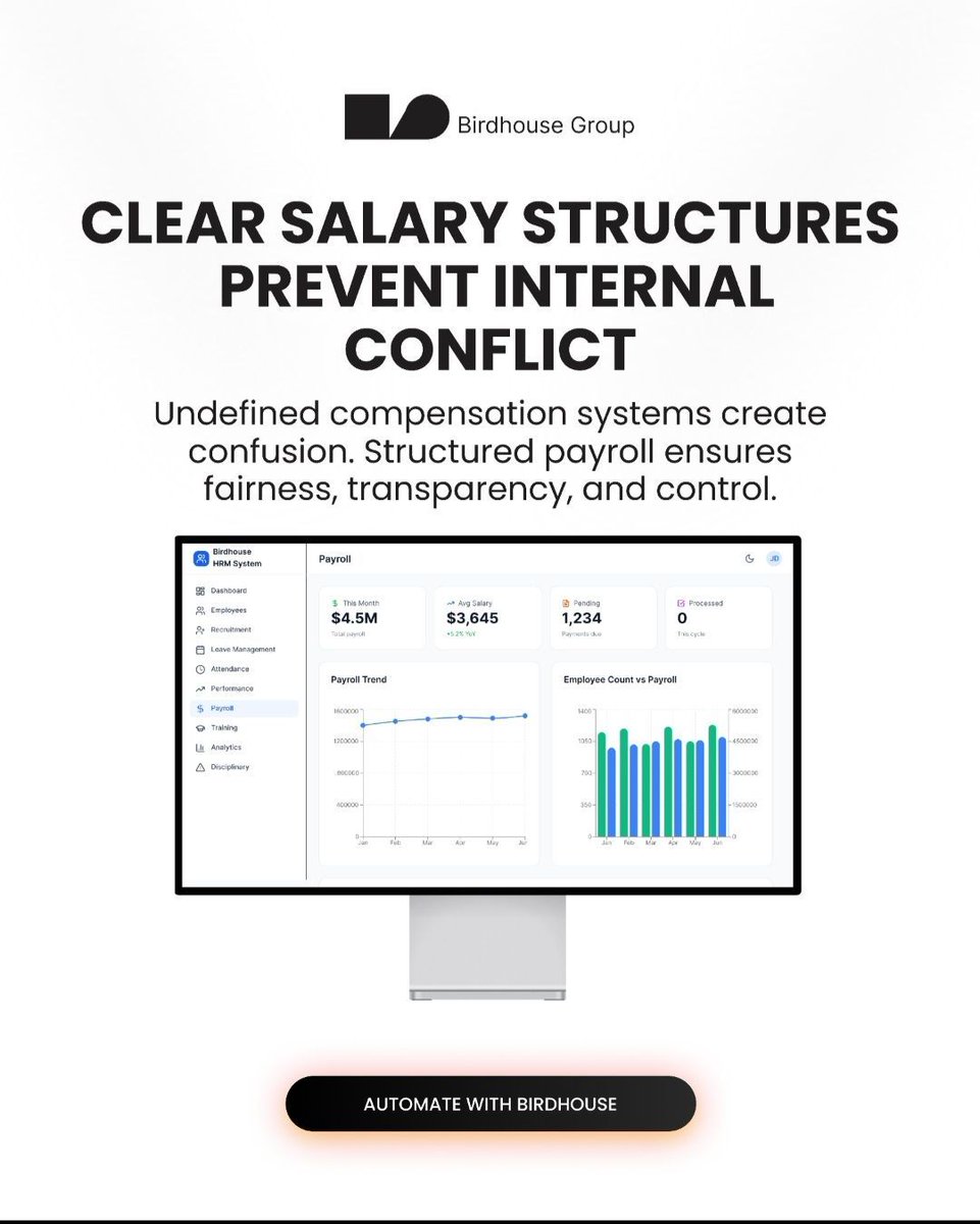 GroupBirdh15553's tweet photo. Compensation clarity prevents confusion.
When payroll is structured, culture becomes stronger, accountability improves, and decision-making aligns with business goals and performance standards.
#HRLeadership #PayrollSystems #WorkplaceCulture #Birdhouse #SaaS #CorporateStrategy https://t.co/H4LD7uh9wa