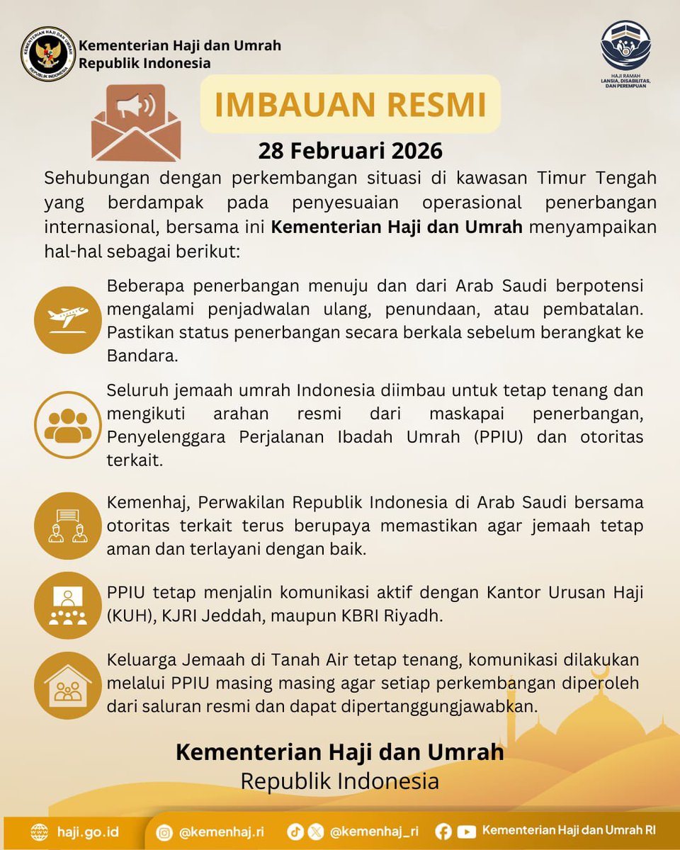📢 Imbauan Resmi

Assalamu’alaikum #SobatHaji,

Beberapa penerbangan menuju dan dari Arab Saudi berpotensi tertunda/dibatalkan.

Kemenhaj RI terus berkoordinasi demi keamanan jemaah umrah.

Info: haji.go.id

#KemenhajRI #InfoUmrah #ImbauanResmi #JemaahUmrah