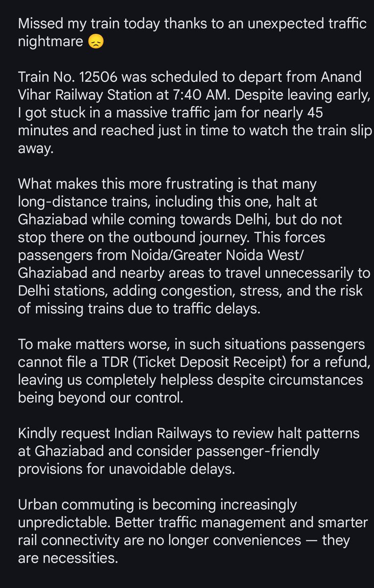 akswords's tweet photo. Missed #Train today due to a massive traffic jam
Requesting @RailMinIndia @IRCTCofficial @RailwaySeva @DelhiTrafficPolice and Hon’ble Railway Minister to:
Review halt at Gzb
Improve traffic management near major stations
Consider refund provisions for unavoidable delays https://t.co/NruG2ygDM5