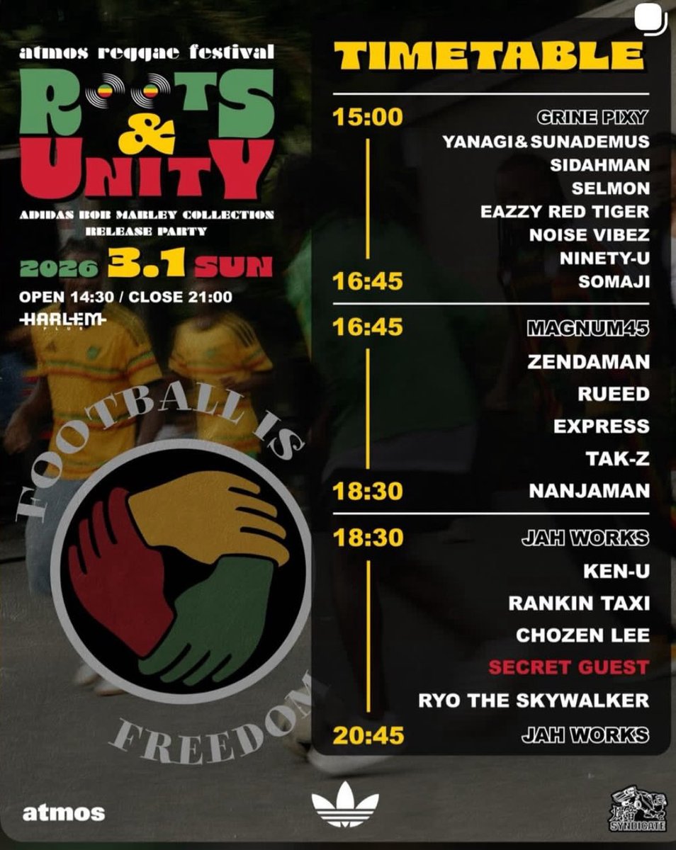 EAZZYREDTIGER's tweet photo. atmos reggae fes.
ROOTS &amp; UNITY
adidas BOB MARLEY collection
release party
爆音syndicateで前半攻めていきます
よろしくお願いします！ https://t.co/0uUA9C6o3F
