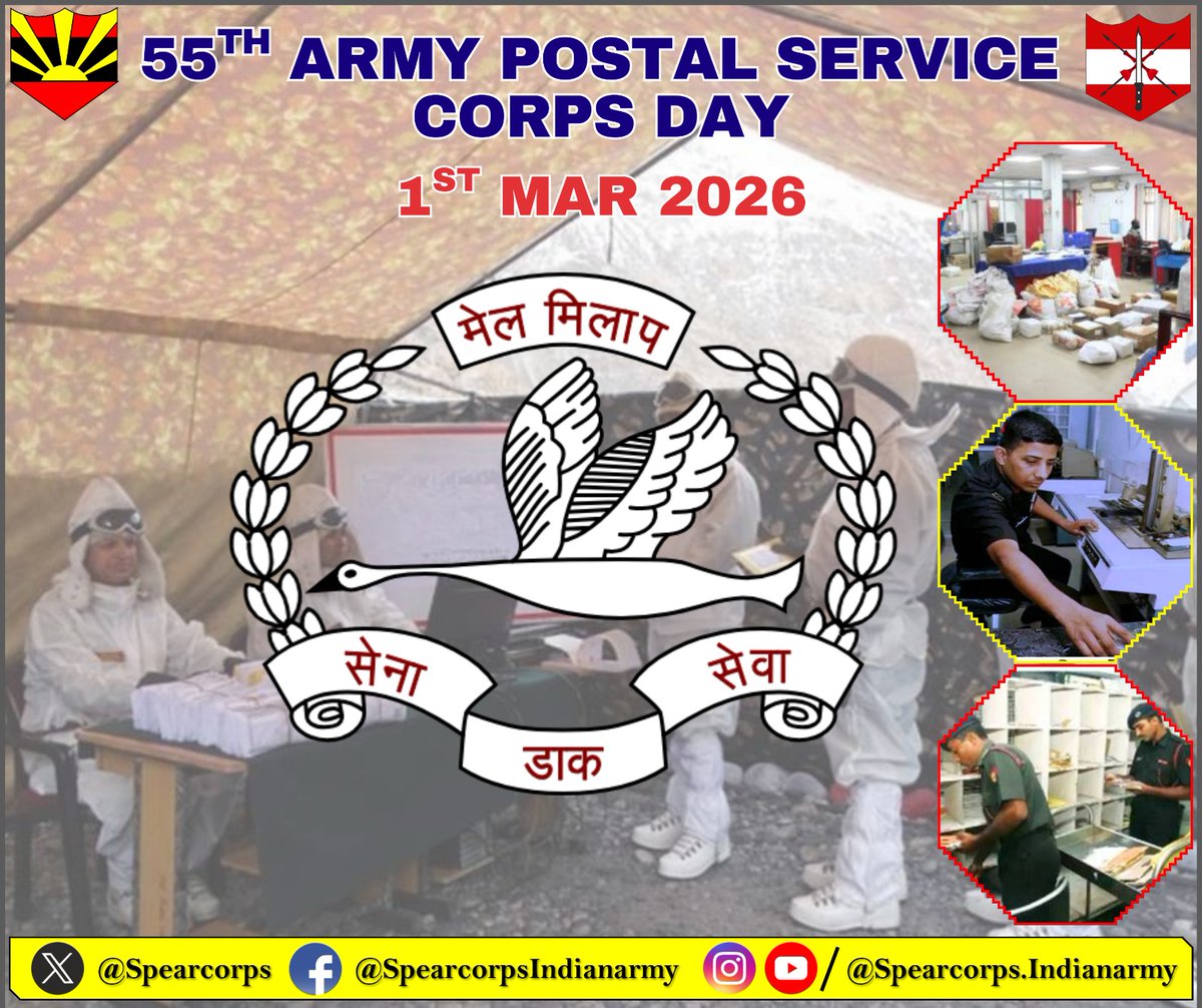 Spearcorps's tweet image. Lt Gen Abhijit S Pendharkar, GOC #SpearCorps and all ranks convey warm greetings and best wishes to all ranks, Veterans and families of Army Postal Service Corps #APS on the occasion of the #55thCorpsDay.

Lt Gen Abhijit S Pendharkar, GOC #SpearCorps तथा सभी Ranks की ओर से