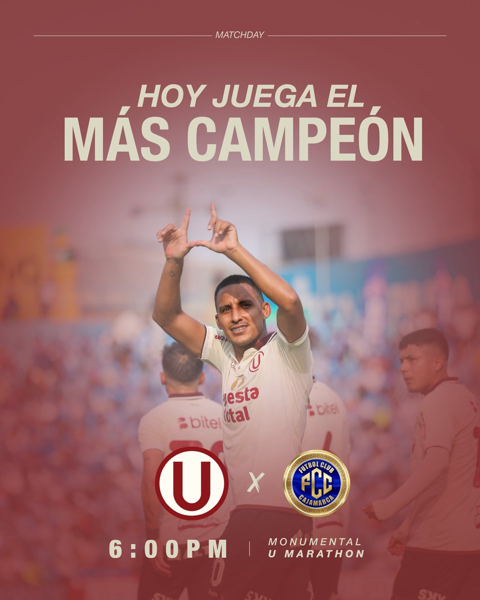 ¡𝗛𝗢𝗬 𝗝Ⓤ𝗘𝗚𝗔 𝗘𝗟 𝗠𝗔́𝗦 𝗖𝗔𝗠𝗣𝗘𝗢́𝗡 𝗗𝗘𝗟 𝗣𝗘𝗥𝗨́!

⚽️ Ⓤ𝗻𝗶𝘃𝗲𝗿𝘀𝗶𝘁𝗮𝗿𝗶𝗼 𝗱𝗲 𝗗𝗲𝗽𝗼𝗿𝘁𝗲𝘀 🆚 FC Cajamarca

⏱️ 6:00 p.m.

🏟️ 𝘌𝘴𝘵𝘢𝘥𝘪𝘰 𝘔𝘰𝘯𝘶𝘮𝘦𝘯𝘵𝘢𝘭 Ⓤ 𝘔𝘢𝘳𝘢𝘵𝘩𝘰𝘯

#ModoCrema #ElÚnicoGrande  #VamosCremas #YdaleU