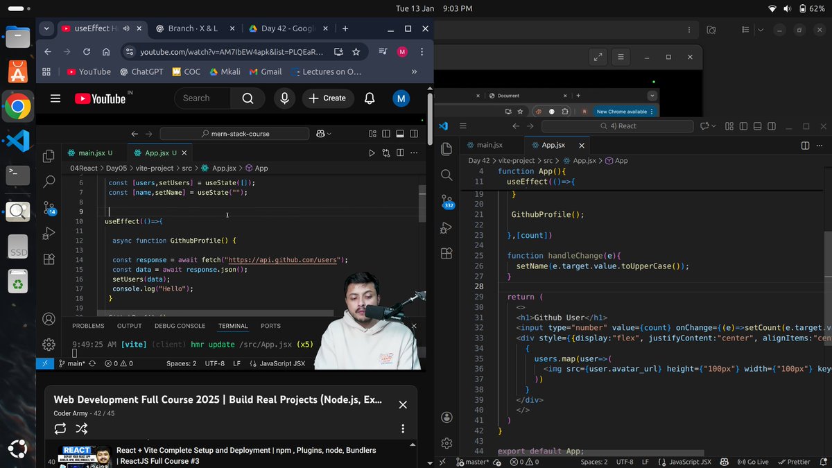 Manikya_Rathore's tweet photo. ✅ Day 42 of #Defence with @rohit_negi9 & @adityatandon02
useEffect from first principles Why fetch fails Dependency array Cleanup functions async/await Controlled inputs Event listeners Timers Memory leaks #ReactJS #JavaScript #WebDevelopment #MERN #DefenceChallenge https://t.co/94huXSuAPT