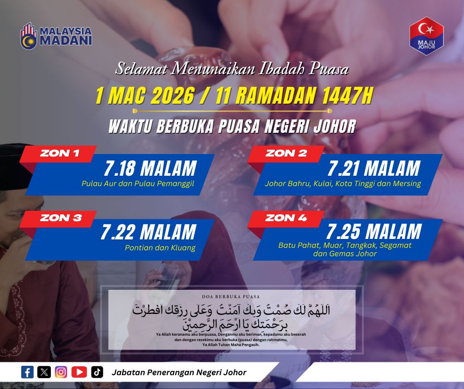 japenjohor's tweet photo. 🌙 𝐒𝐄𝐋𝐀𝐌𝐀𝐓 𝐌𝐄𝐍𝐔𝐍𝐀𝐈𝐊𝐀𝐍 𝐈𝐁𝐀𝐃𝐀𝐇 𝐏𝐔𝐀𝐒𝐀 | 𝐑𝐀𝐌𝐀𝐃𝐀𝐍 𝟏𝟒𝟒𝟕𝐇

���� 𝐖𝐚𝐤𝐭𝐮 𝐁𝐞𝐫𝐛𝐮𝐤𝐚 𝐏𝐮𝐚𝐬𝐚
(11 Ramadan 1447H | 1 Mac 2026)

⏰ 𝐖𝐚𝐤𝐭𝐮 𝐈𝐦𝐬𝐚𝐤
(12 Ramadan 1447H | 2 Mac 2026)

#SalamRamadan #MajuJohor #MalaysiaMADANI https://t.co/DCdyM39dD1