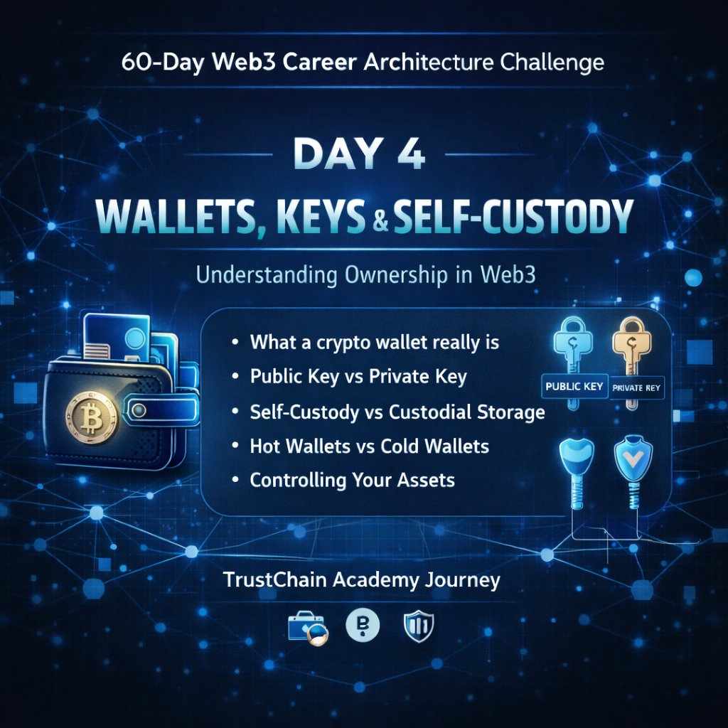 60-Day Web3 Career Architecture Challenge

Day 04/60 — 
Wallets, Keys &amp; Self-Custody

Today at <a href="/TrustChain0/">Trustchain Academy</a> Academy, we explored Wallets, Private Keys, and Self-Custody, one of the most important concepts in Web3 architecture.

In Web3, ownership is not based on accounts created