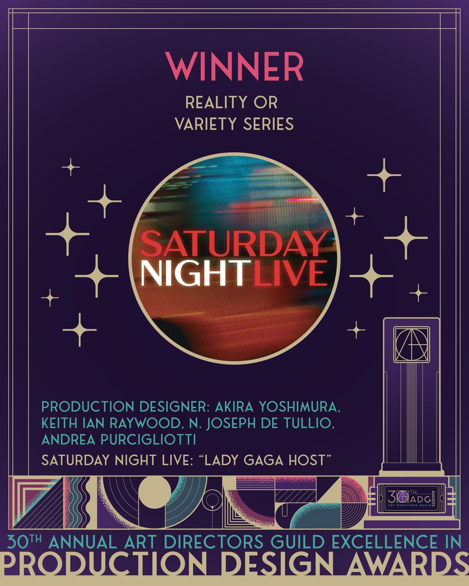 Congratulations to the 30th Annual #ADGAwards VARIETY OR REALITY SERIES Winner:

SATURDAY NIGHT LIVE: “Lady Gaga Host”
<a href="/nbcsnl/">Saturday Night Live</a>  <a href="/ladygaga/">Lady Gaga</a> 

✨Production Designers: Akira Yoshimura, Keith Ian Raywood, N. Joseph De Tullio, Andrea Purcigliotti✨
<a href="/damagestudios/">damagestudios</a>  <a href="/keithraywood/">Keith Raywood</a>