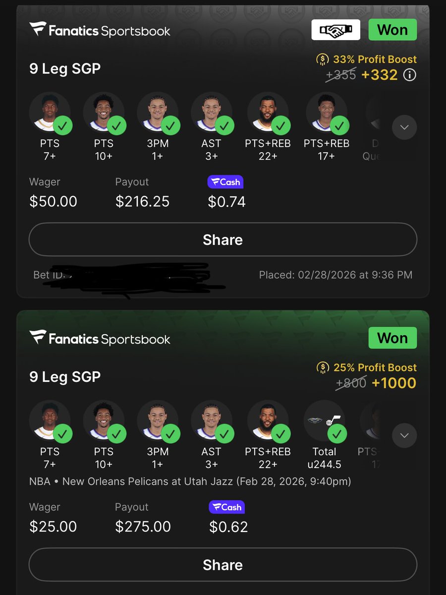 Chuggernaut6's tweet photo. @BrookieJ07 I was late and only got the Pels/Jazz in. Added Zion for PRA on the no under slip. Much appreciated! Shout out to @FanaticsBook for the FairPlay void. I’ll never go back to FanDuel. https://t.co/o9HOE8OujQ