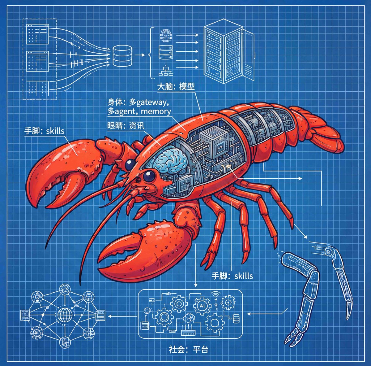 OpenClaw 龙虾🦞解剖图

平台是社会

模型是大脑

资讯是眼睛

skills是手脚

多gateway、多agent、memory是身体
