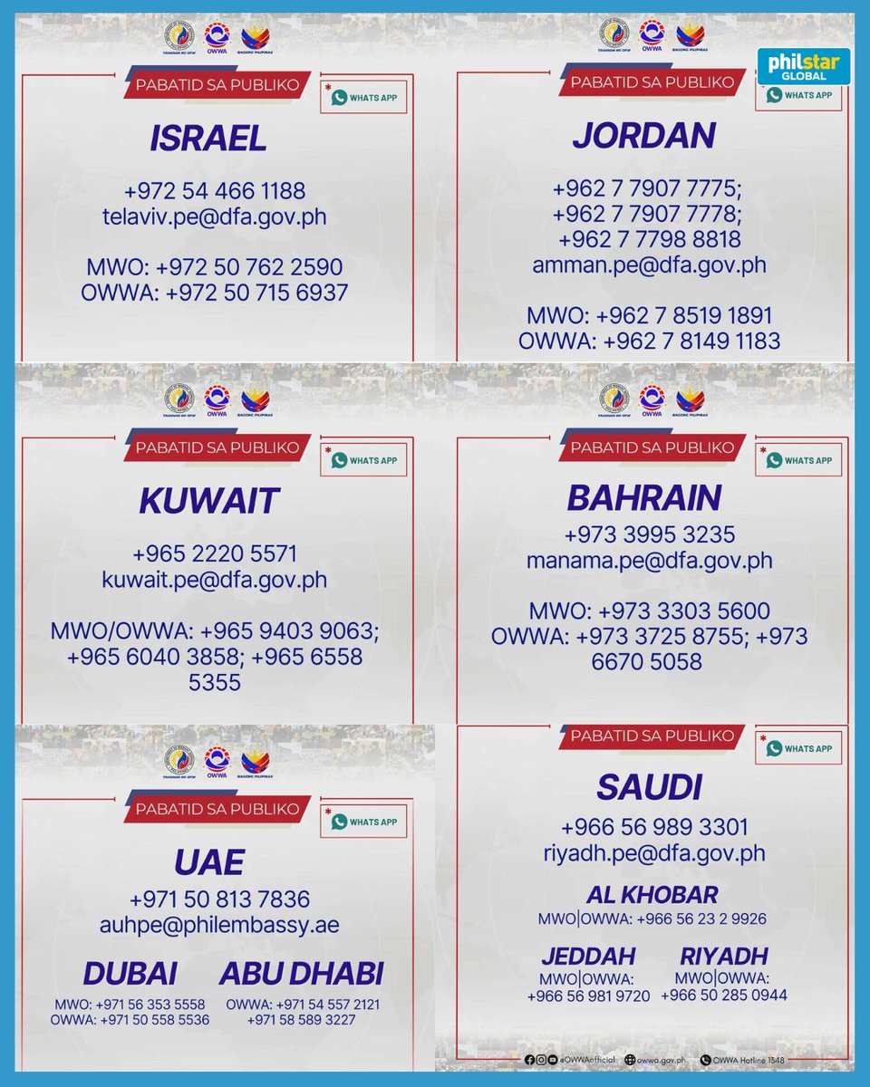 PCO SHARES EMBASSY HOTLINES FOR FILIPINOS IN MIDDLE EAST

The Presidential Communications Office on Sunday urged Overseas Filipino Workers (OFWs) in the Middle East to follow official embassy and local advisories amid Gulf tensions.

Filipinos were advised to know the nearest