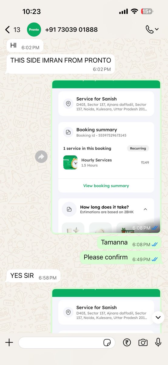 sanugumber's tweet photo. Highly unprofessional services by @anjalisardana @withpronto - After taking a reoccurring booking and amount for 15 days and committing a professional - again some other professional aligned. Please see commitment screeshit from your team member Imran @ashusingla81 #snabbit https://t.co/oSATvDtomd