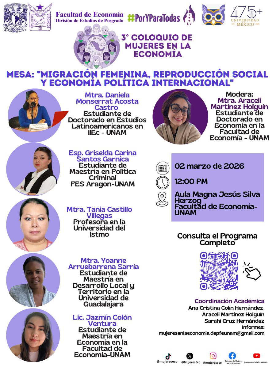 Arimarhol's tweet photo. Estamos muy emocionadas @EllaesXtal @hannacoher  porque este lunes 02 de marzo, a las 09:00 AM inicia el 3er Coloquio de Mujeres en la Economía en la @FEconomiaUNAMof. Tenemos 5 mesas: i) la ya tradicional, Mesa con la Junta de Gobierno; ii) Políticas públicas; iii) Migración https://t.co/Ozhrazb1XD