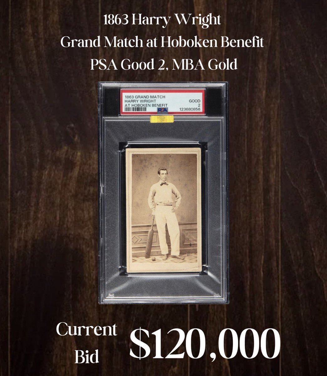 It’s the most important card from the first baseball card set, and this 1863 Harry Wright Grand Match at Hoboken Benefit card is the higher graded of just two known

It just got another hit in extended bidding to $120,000