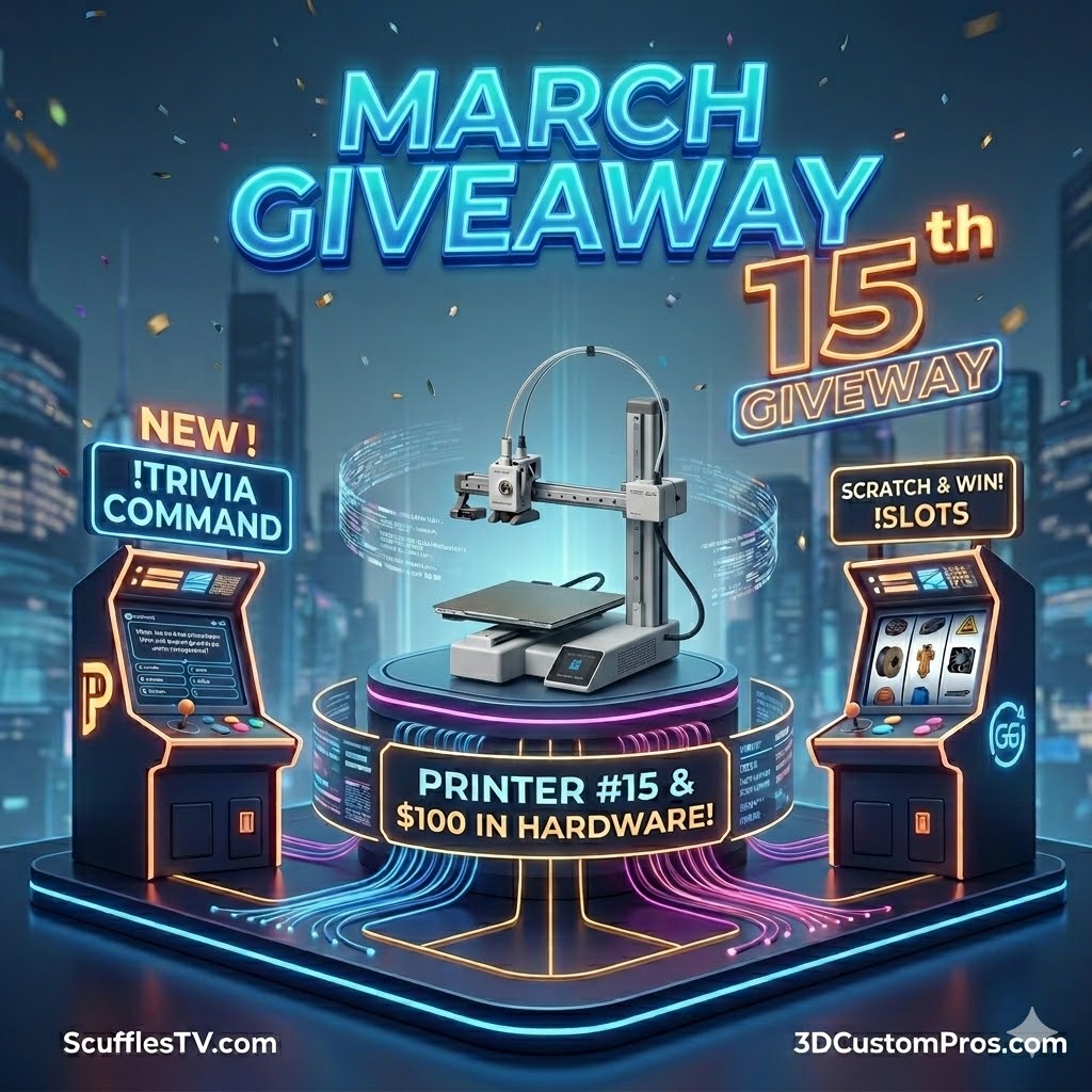PRINTER GIVEAWAY #15! 🖨️🚀

Win a Bambu Lab A1 Mini AMS Combo + $100 in Hardware! 🛠️

🧠 NEW: Use !trivia in chat to wager your Scuffle Bucks and climb the leaderboard.

🎟️ ENTER NOW: scufflestv.com/current-giveaw…

#3DPrinting #Giveaway #Twitch #ScufflesTV #BambuLab #Hardware