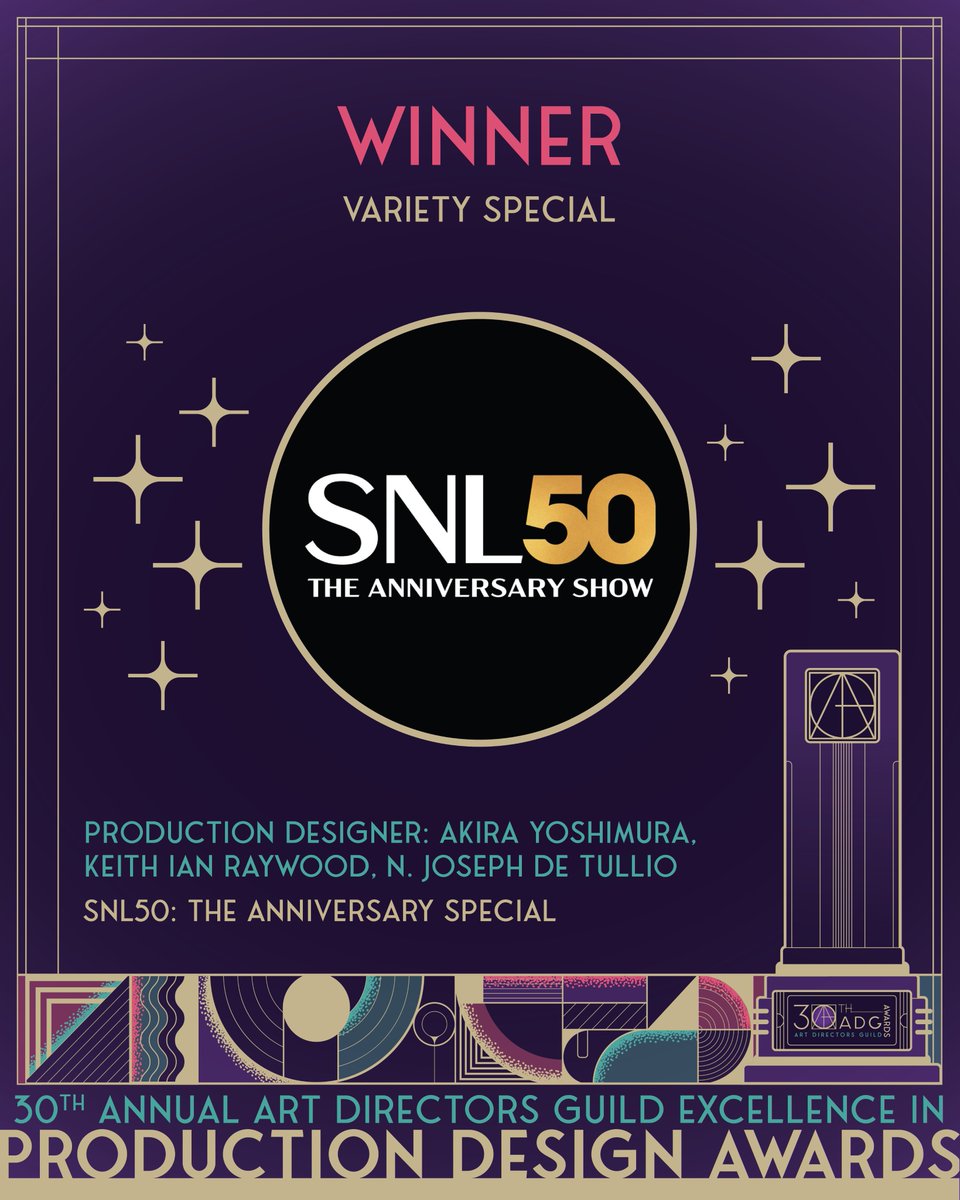 Congratulations to the 30th Annual #ADGAwards VARIETY SPECIAL Winner:

SNL 50: The Anniversary Special
<a href="/nbcsnl/">Saturday Night Live</a> 

✨Production Designers: Akira Yoshimura, Keith Ian Raywood, N. Joseph De Tullio✨<a href="/keithraywood/">Keith Raywood</a>

#ADG800 #ProductionDesign <a href="/IATSE/">IATSE // #IASolidarity</a>