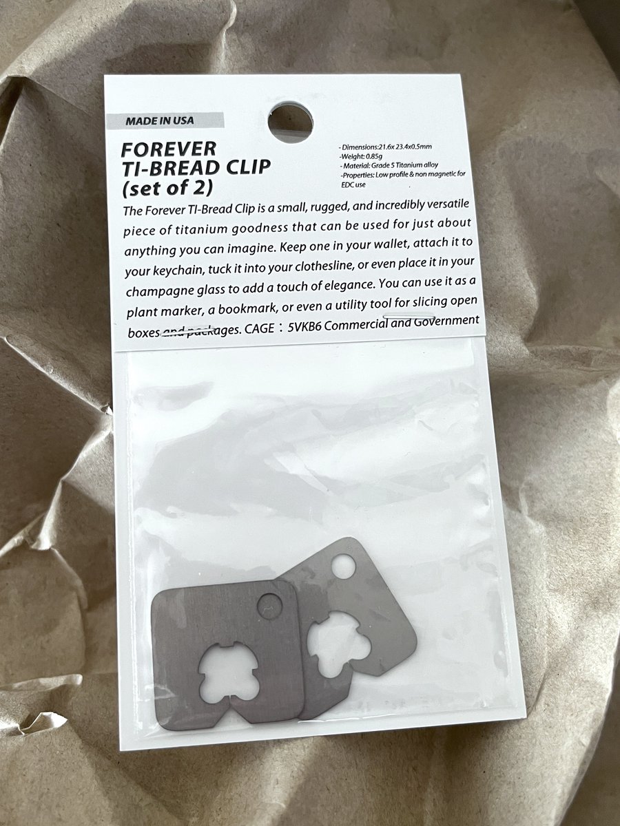 iueha2525's tweet image. Titanium bread clip
グレード5のチタン合金を使ったバッグクロージャー🍞パンの袋を留めるアレGET！

#バッグクロージャー 
#クイックロック 
#BreadClip