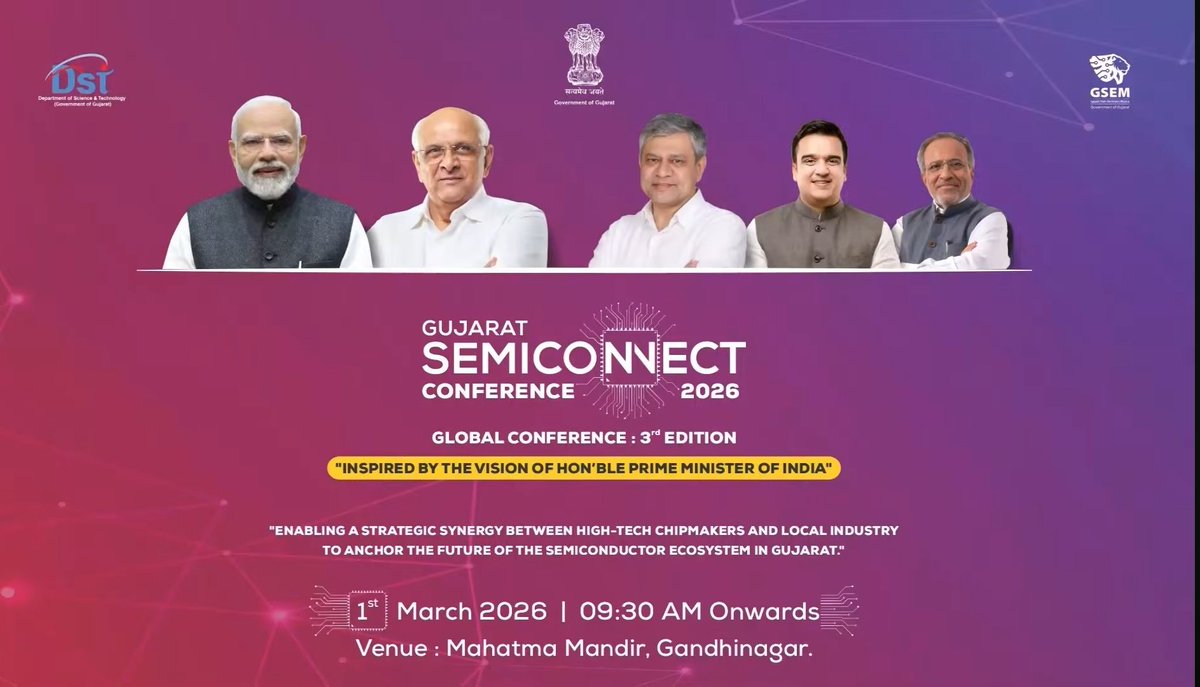 picgujcost's tweet photo. On this auspicious day, the STI Policy 2026-31 was formally launched by the Hon’ble Chief Minister of Gujarat, Bhupendra Patel, during the Gujarat #SemiConnect Conference.
A decisive step towards innovation-led growth and Viksit Gujarat se Viksit Bharat https://t.co/DRYWLnokww
