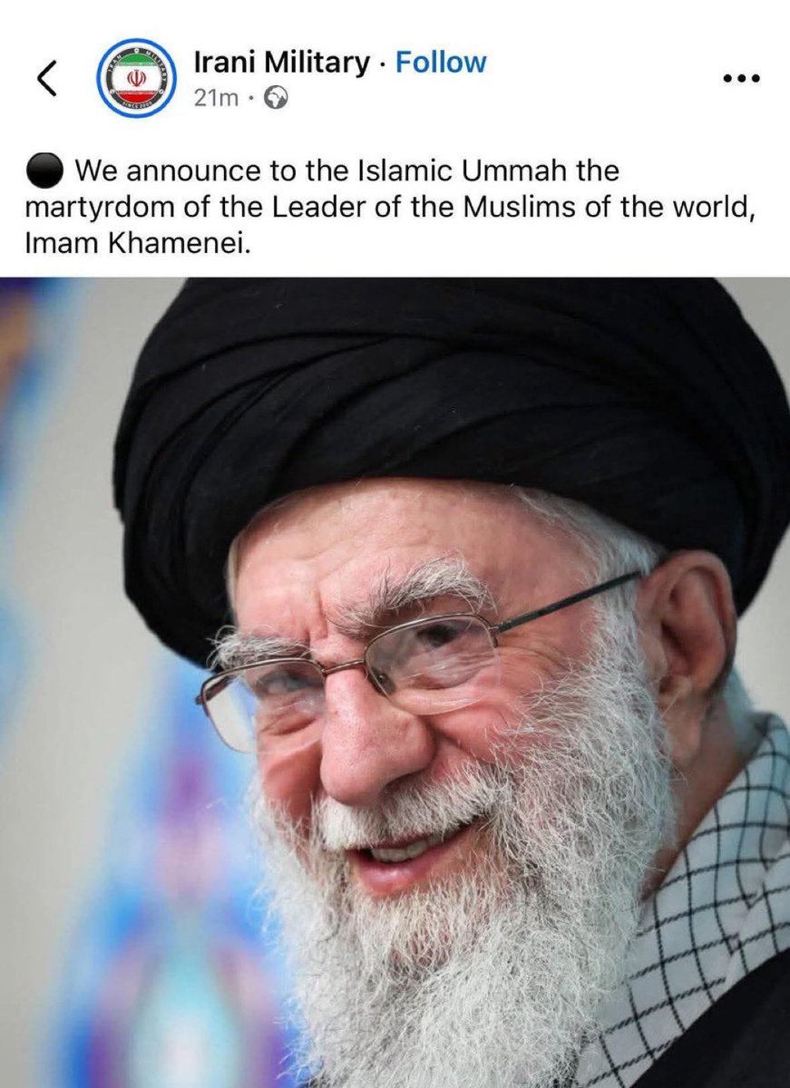 ER IST TOT.
Offiziell. ☝️
Khamenei ist tot. 
Iranische Staatsmedien bestätigen, was Trump bereits gestern verkündet hatte: 
Der Oberste Führer der Islamischen Republik wurde bei den US-israelischen Luftangriffen am Samstag in seinem Büro in Teheran getötet.

36 Jahre. 36 Jahre