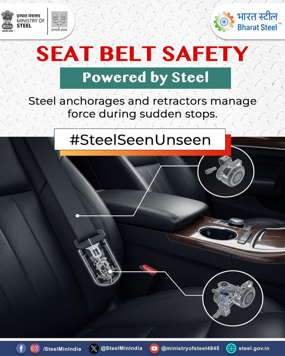 SteelMinIndia's tweet photo. Seat belts rely on steel anchor points and internal steel mechanisms that secure the belt to the vehicle structure and help manage forces during sudden stops.
Steel is present in most parts of daily life, often without being noticed.
#SteelSeenAndUnseen #RoadSafety #HiddenSteel #EverydayProtection