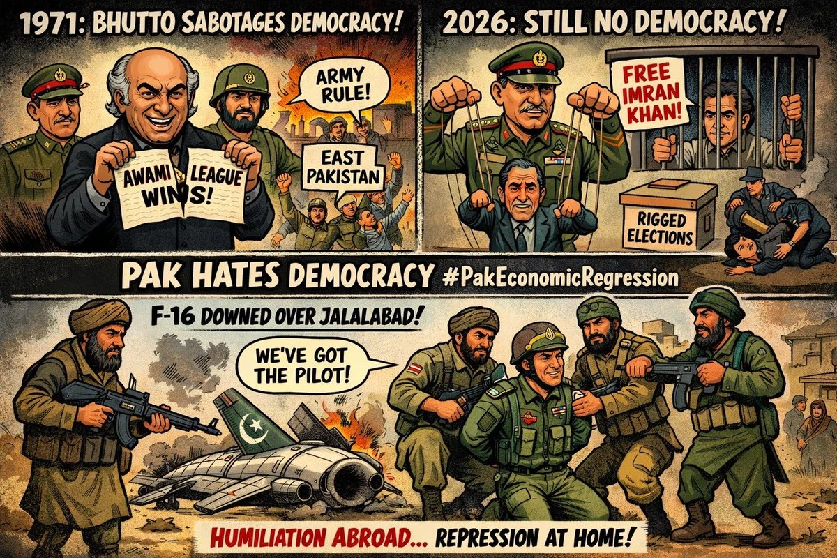 28 Feb 1971: Bhutto sabotaged democracy by rejecting Awami League's win, inviting army takeover &amp; national breakup.
2026: Still NO democracy, Asim Munir's army puppets civilians, jails popular Imran Khan on fake charges, rigs elections &amp; crushes PTI.
Now Afghan forces shoot down